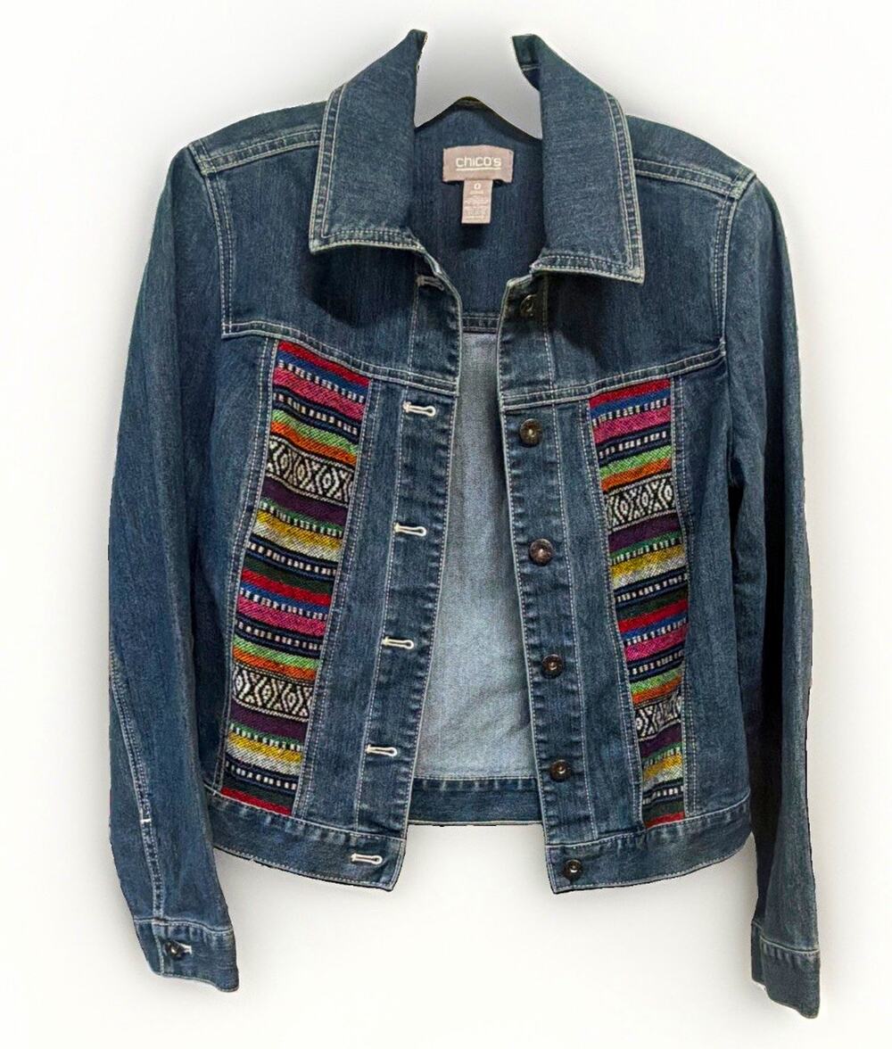 Chico's Jean Jacket Size 0 Southwestern Boho Western Aztec Geometric Tapestry